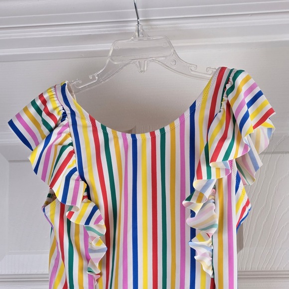 Crewcuts Girls Striped Ruffle Bathingsuit Size 8 Colorful One Piece Swimsuit - Picture 2 of 8